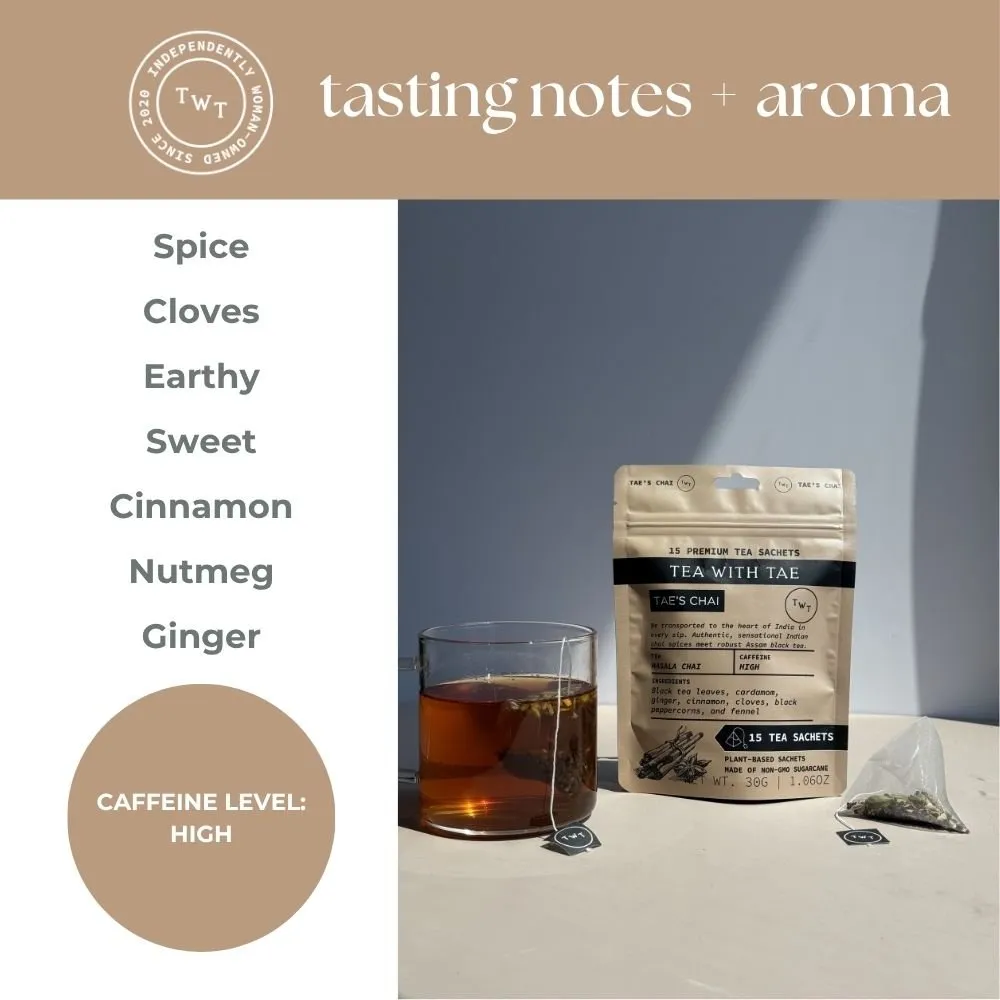 Tea with Tae Tae's Chai sort te 30 breve krydret