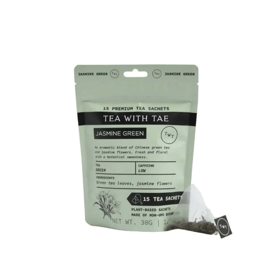 Tea with Tae Jasmine Green pose te 15 breve floral