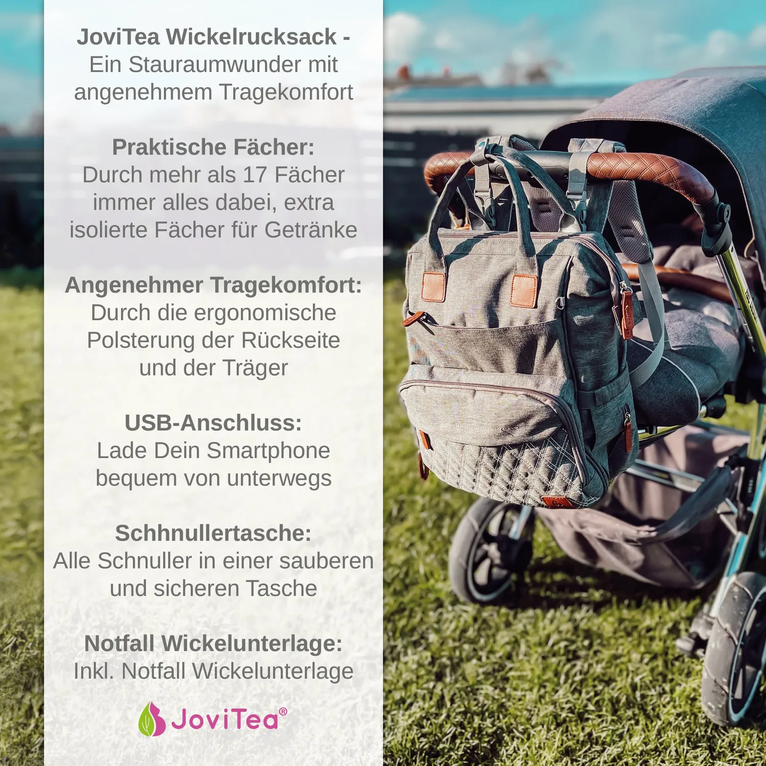 JoviTea Puslerygsæk grå med underlag